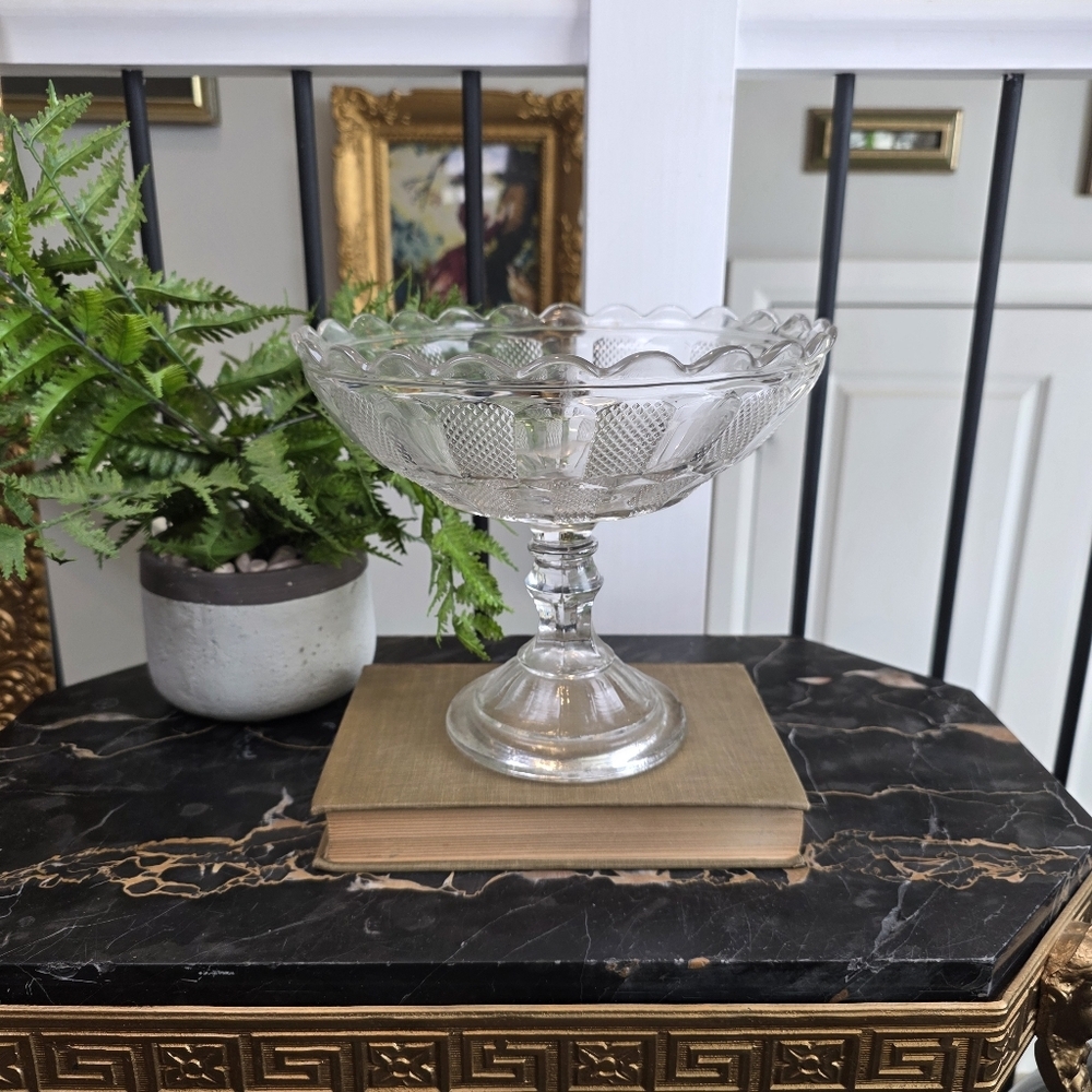 Antique EAPG O'Hara Glass Co. Pedestal Compote - Diamond Waffle Candy Dish